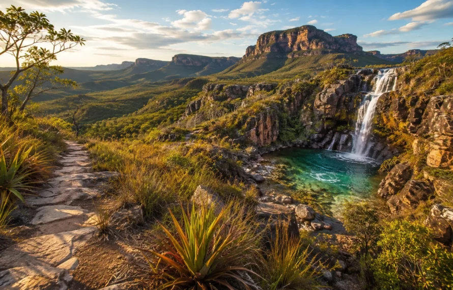 Atrações na Chapada dos Veadeiros: Lugares e como planejar cada visita! Paisagem montanhosa com cachoeira e lagoa verde em um dia ensolarado.